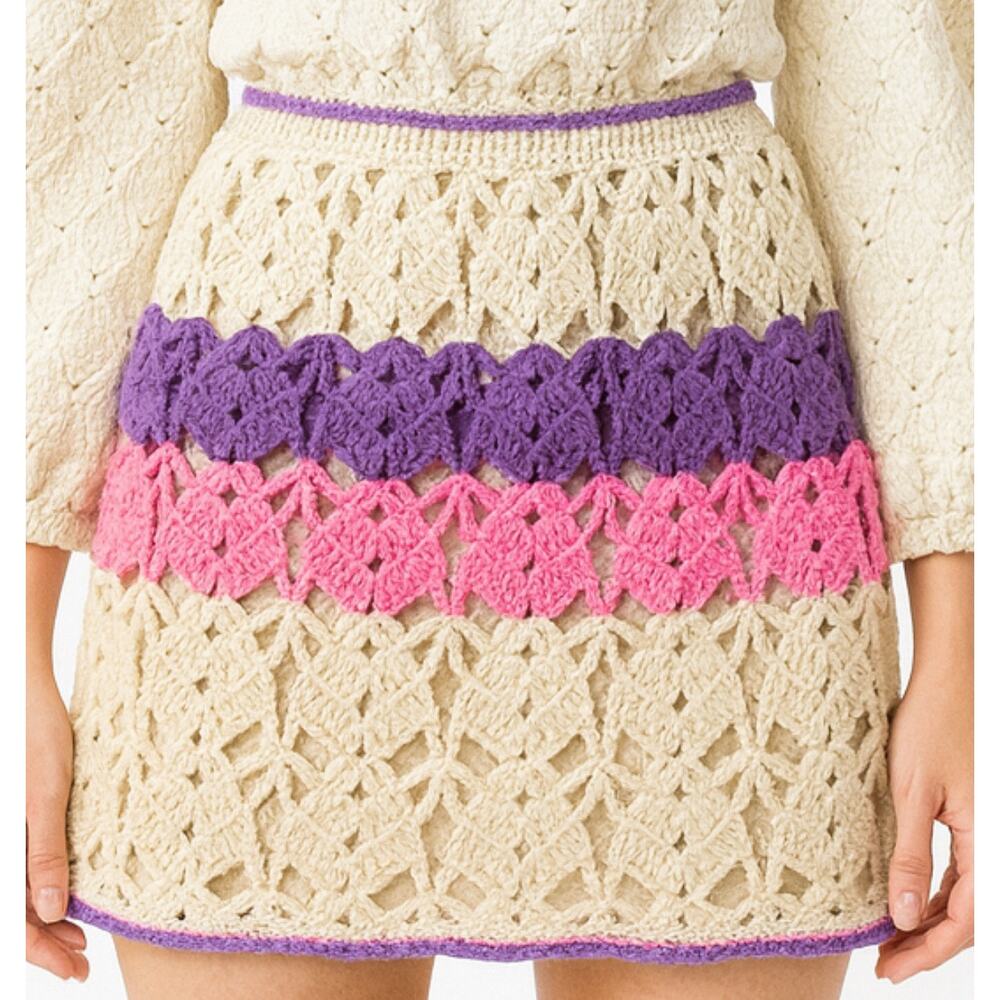 Vintage open knit pink purple skirt granny home crochet made cottage M 70s 80s